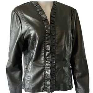 ROZ & ALI Black Faux Leather Ruffled Zip Front Jacket SIZE XL